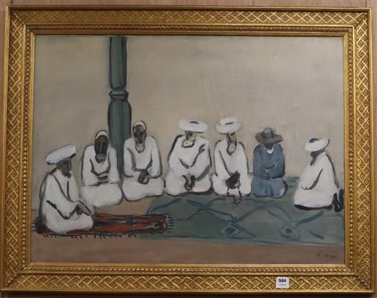 Rashida Eli, oil on canvas, Seven Seated Men, signed, Odon Wagner Gallery label verso, 72 x 98cm